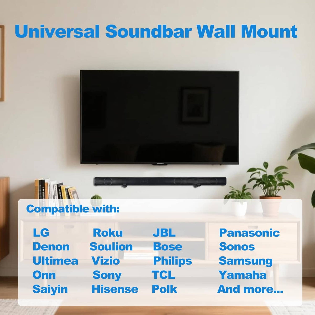 Black soundbar wall mount bracket with mounting plate, shown installed on a wall