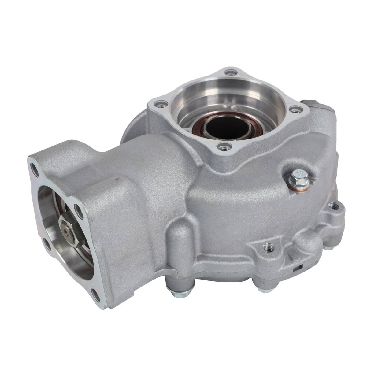 Rear differential gear case, silver metal housing with bolt holes and central bearing seal