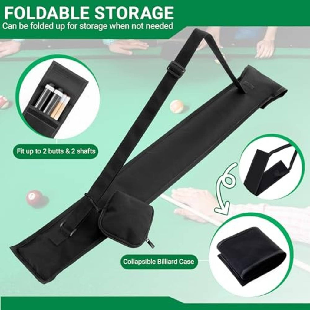 Black foldable pool cue case with collapsible storage and zip accessory pouch