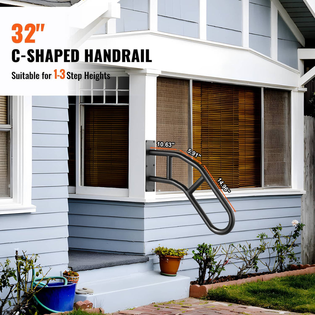 Black wall-mounted handrail for 1 to 3 steps with curved grip