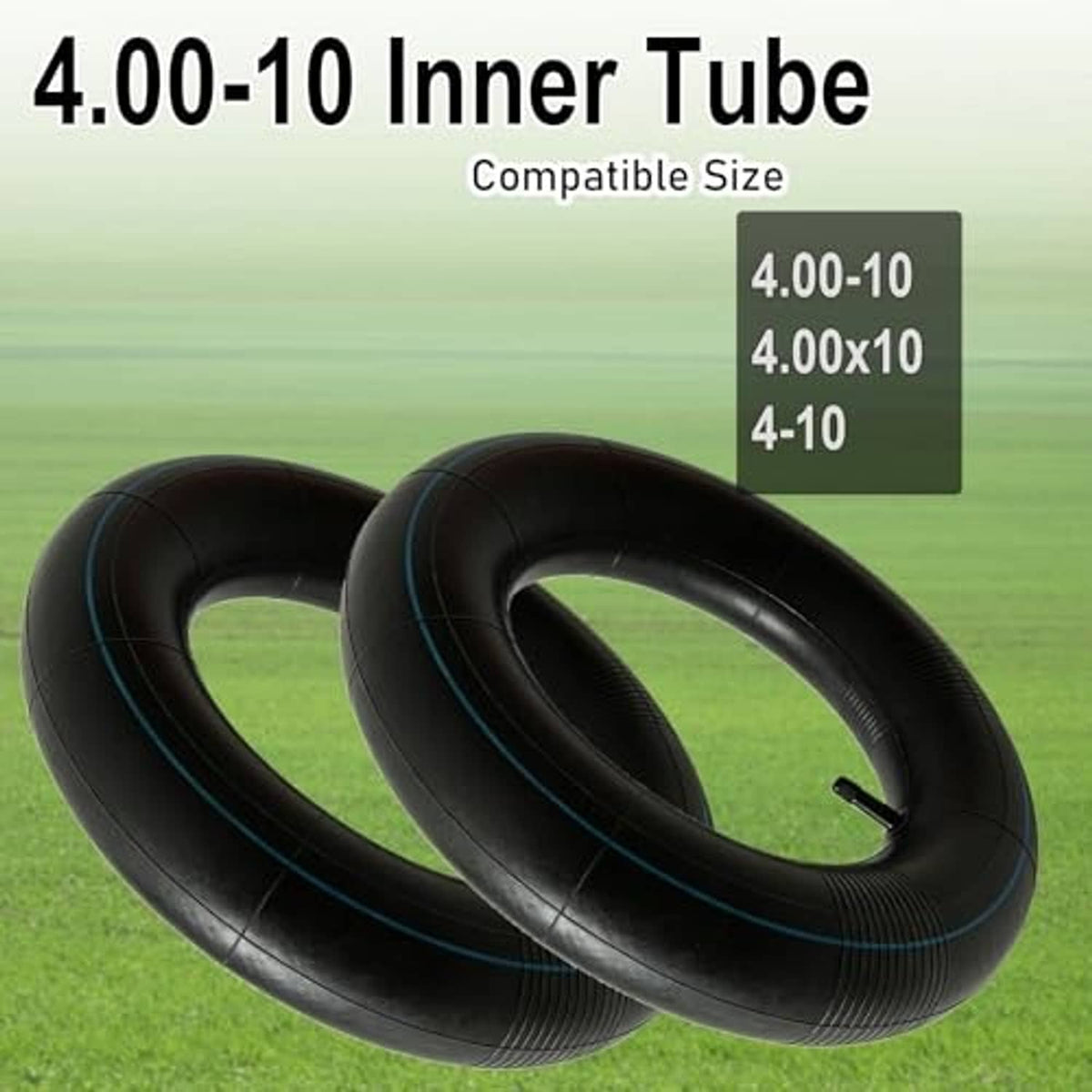 Pair of black 4.00-10 inner tubes with blue guide lines and valve stems