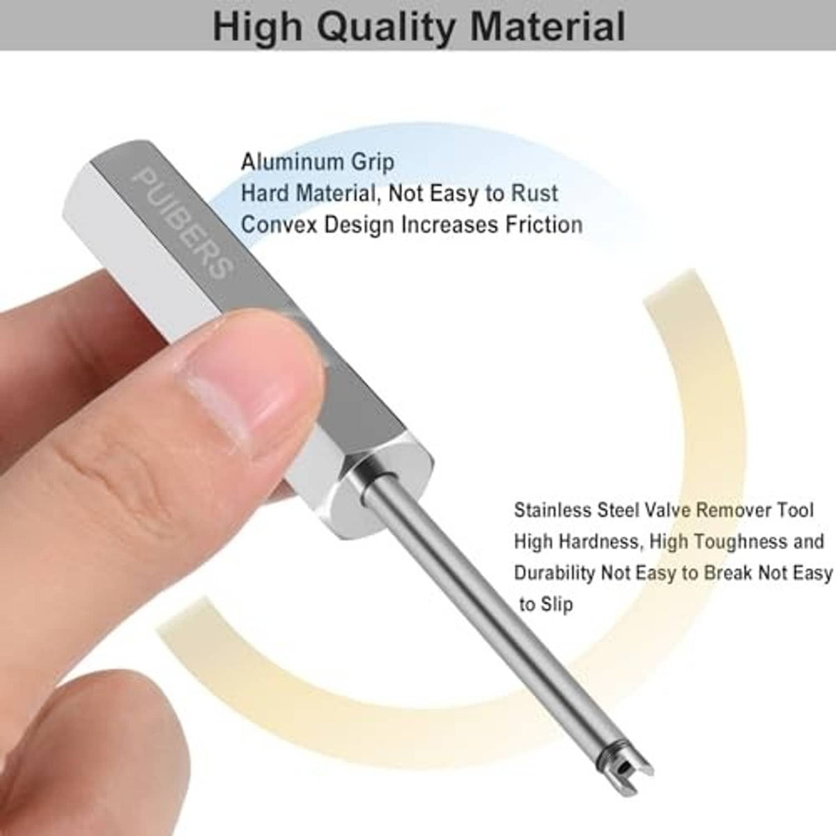 Handheld Presta valve core removal tool with blue grip and stainless tip