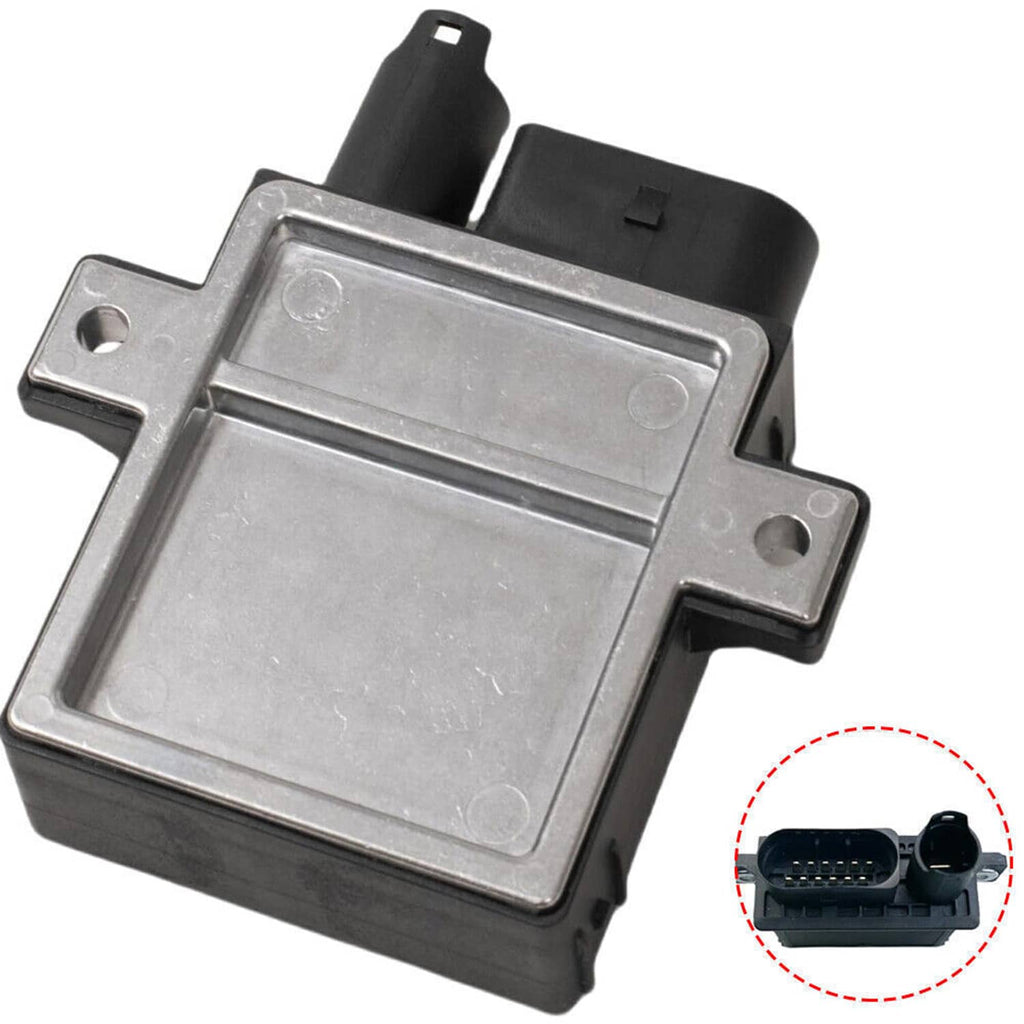 Glow plug control module with metal plate and black plastic housing