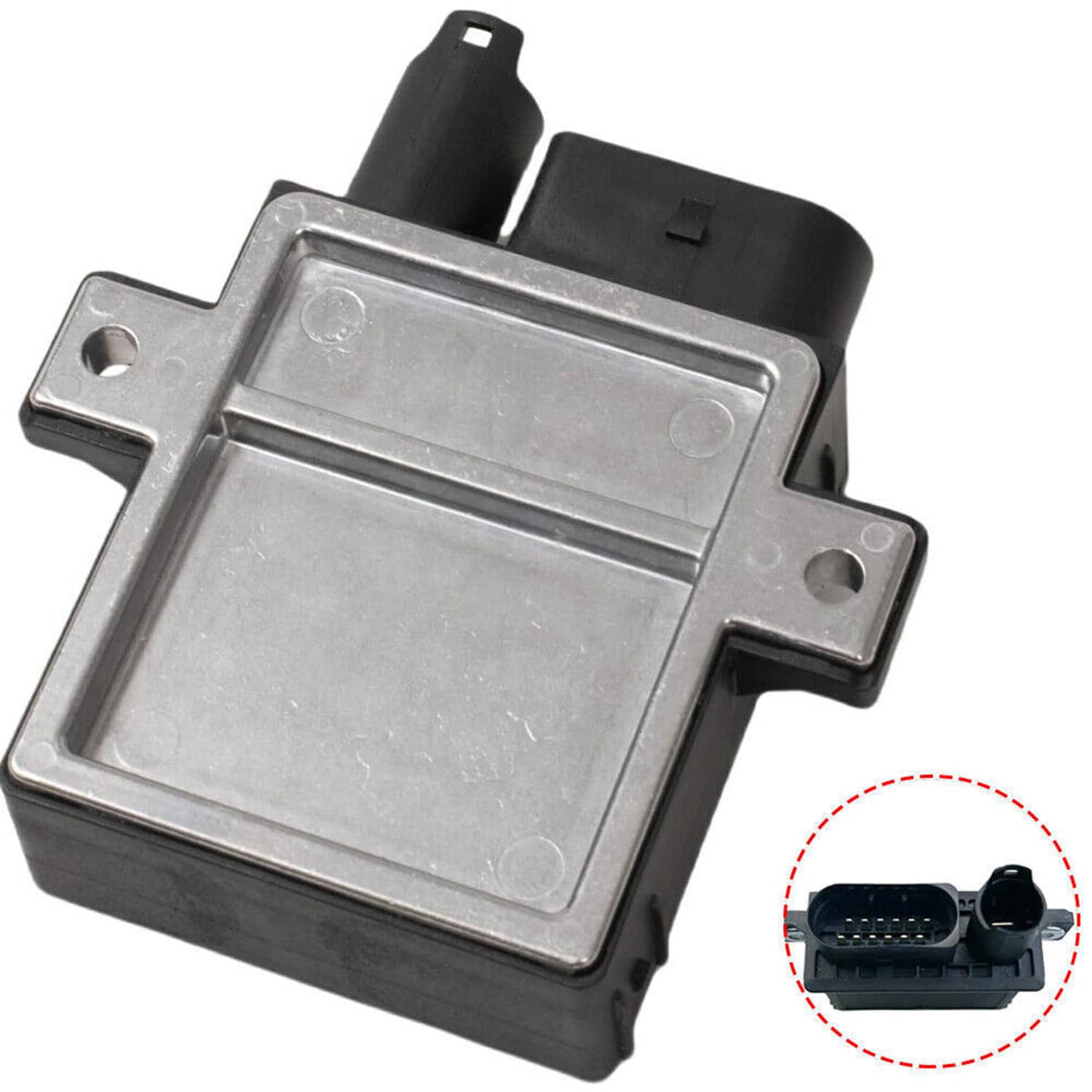 Glow plug control module with metal plate and black plastic housing