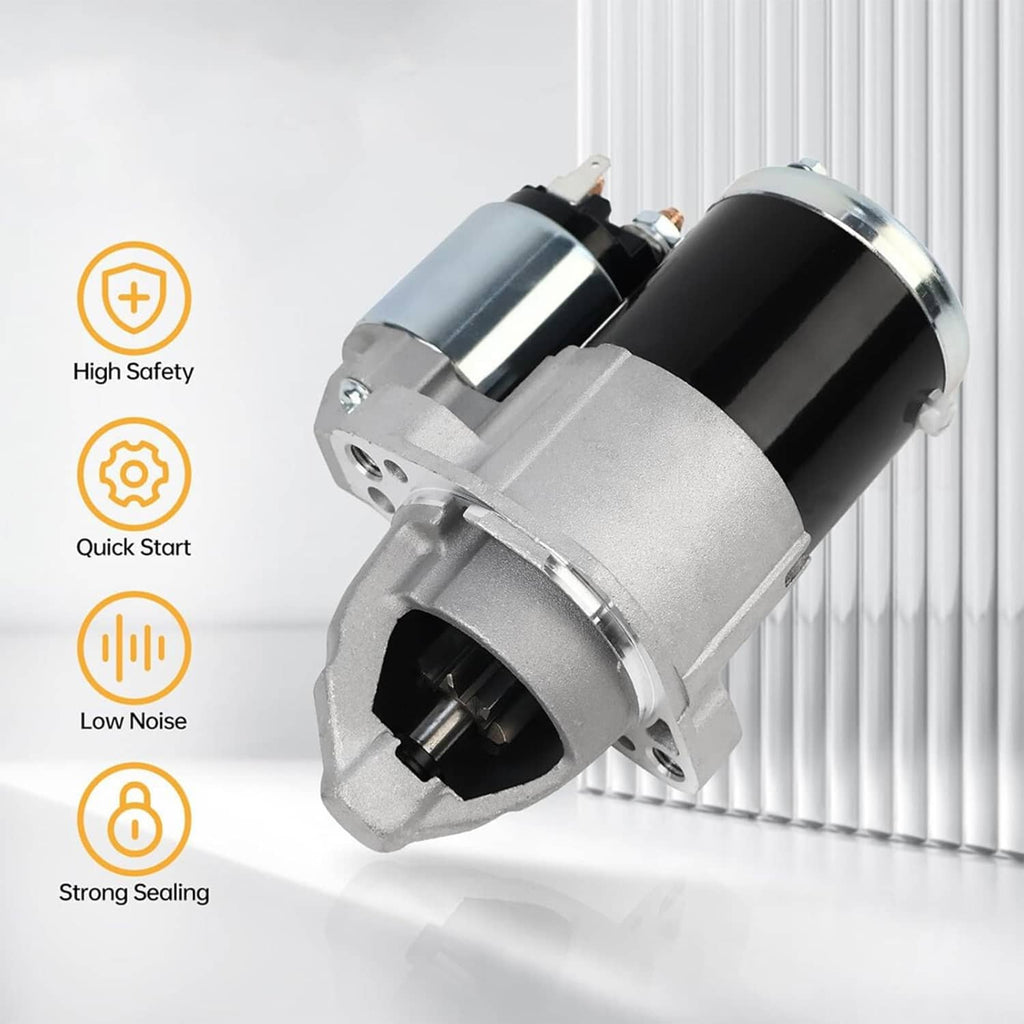 Starter motor with silver brackets and black cylindrical body on a ribbed base