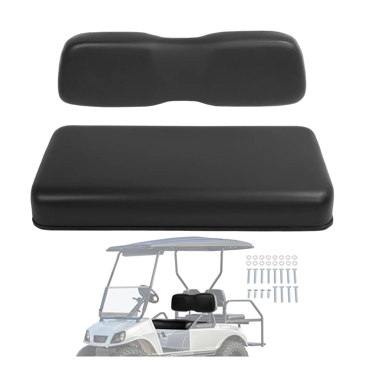 Black front seat backrest and bottom cushion assembly for golf cart