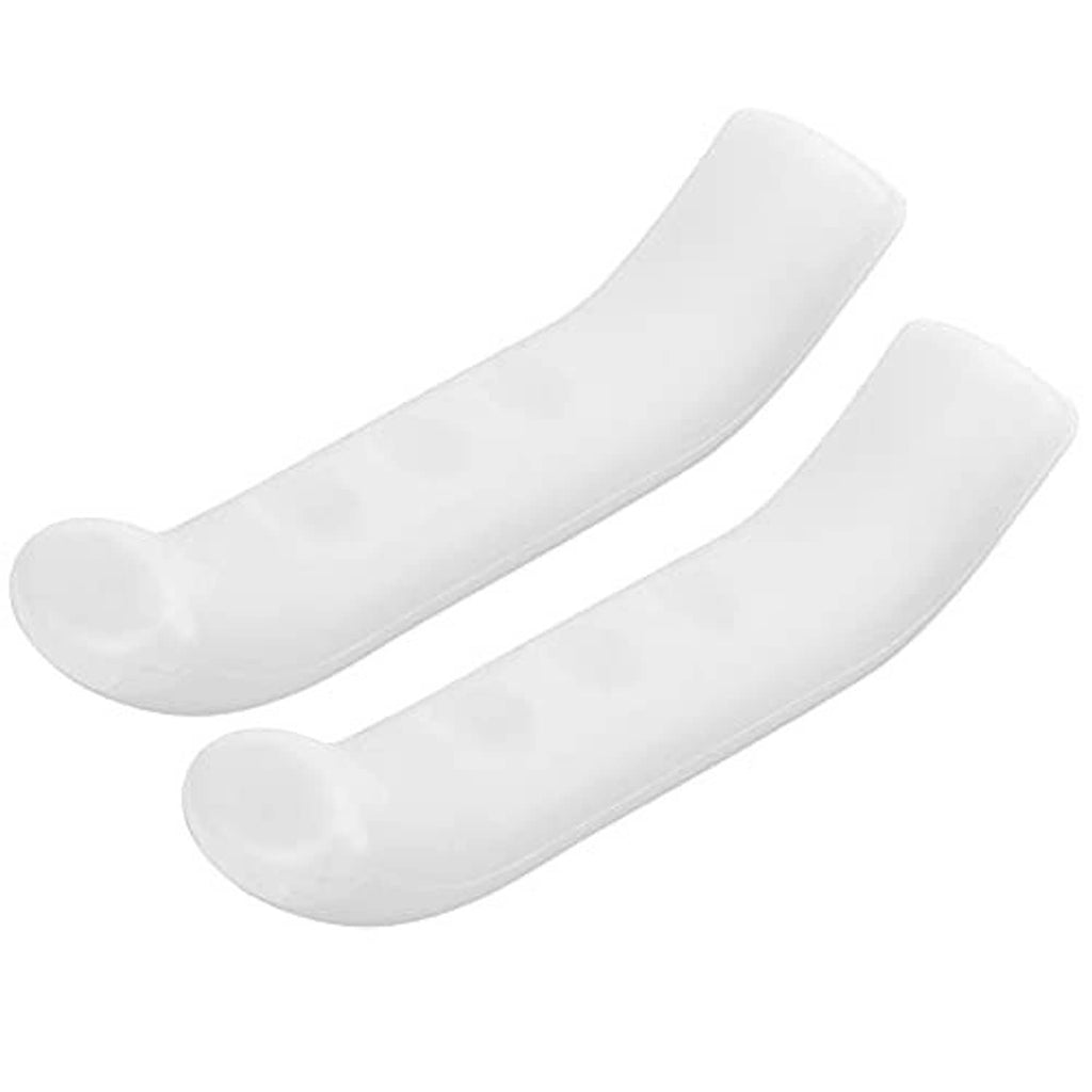 Two white curved silicone brake lever grips with rounded end caps