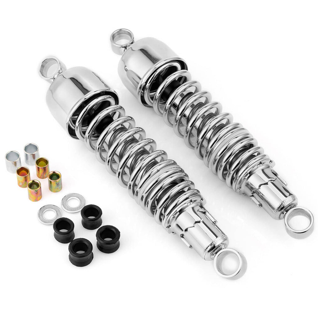 Pair of chrome rear shock absorbers with coiled springs and rubber mounting bushings.