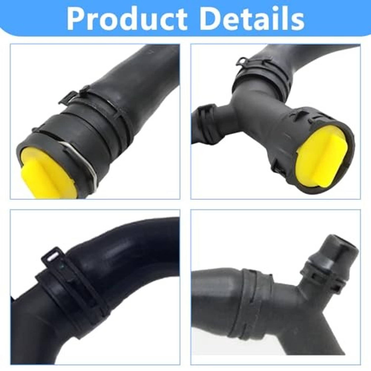 Black hose with yellow capped connector and ribbed coupling rings