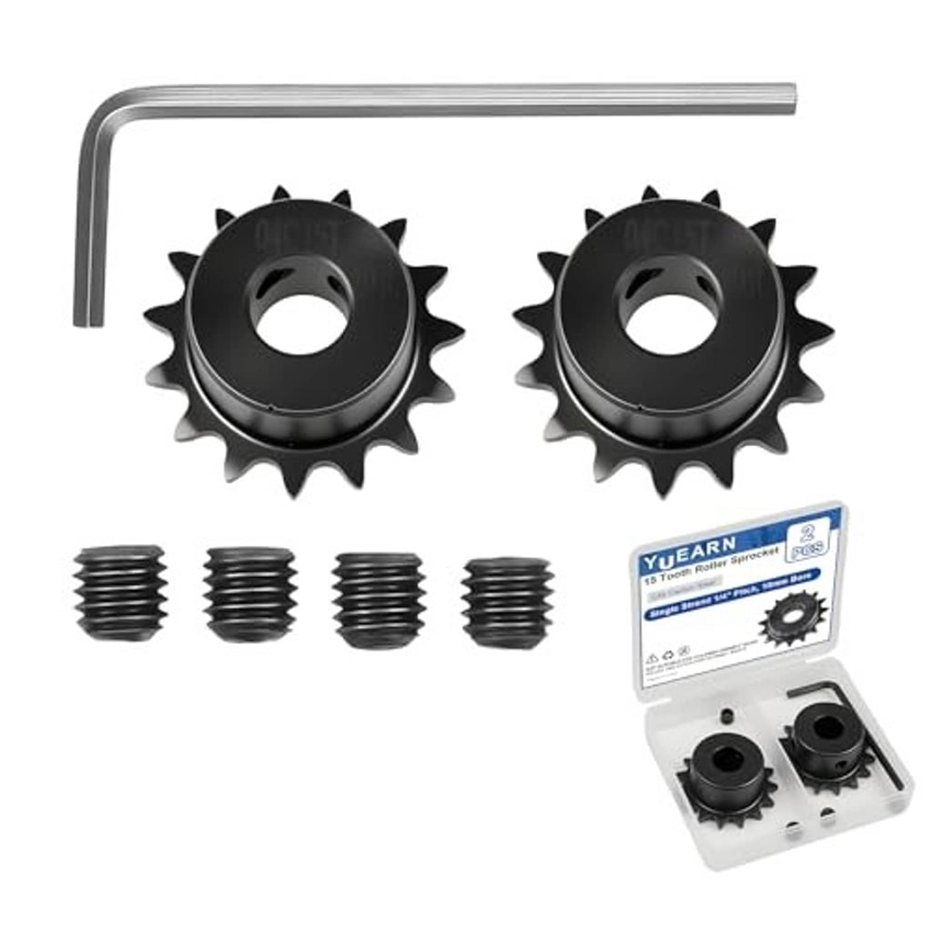 Two black 15-tooth roller sprockets, front view, with center bores