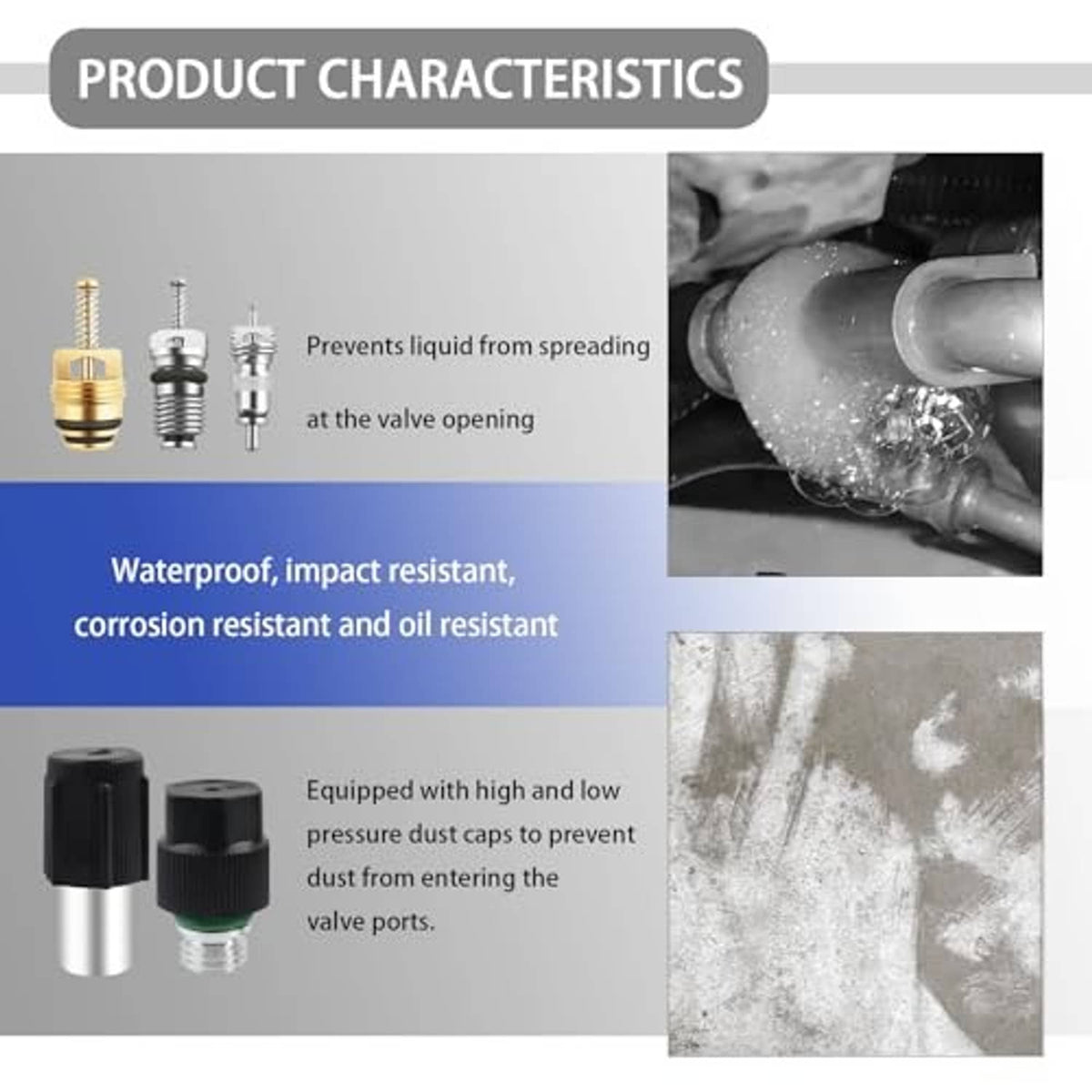 Car A/C valve core tool kit feature panel with gold and black valve cores and waterproof notes