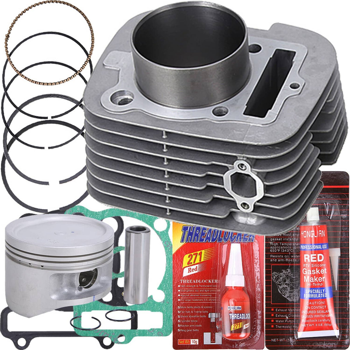 Cylinder head with cooling fins, piston, rings, gaskets, and red threadlocker kit