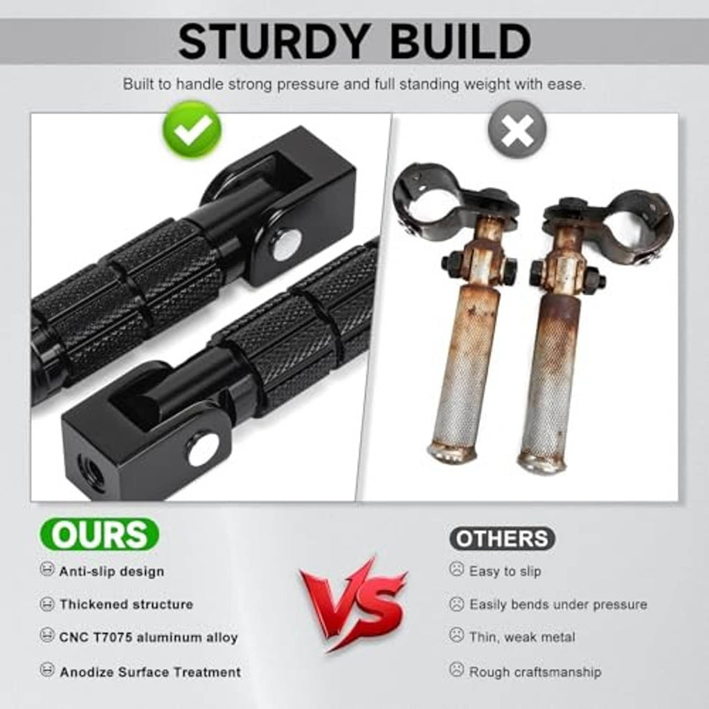 Black textured foldable foot pegs with thick metal anti-slip design