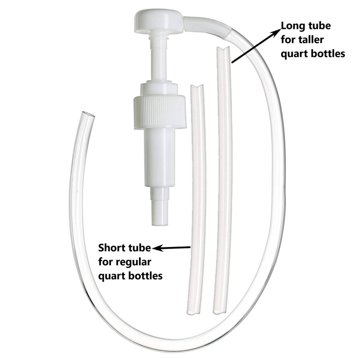 White fluid transfer pump with long intake tube and short intake tube for quart bottles