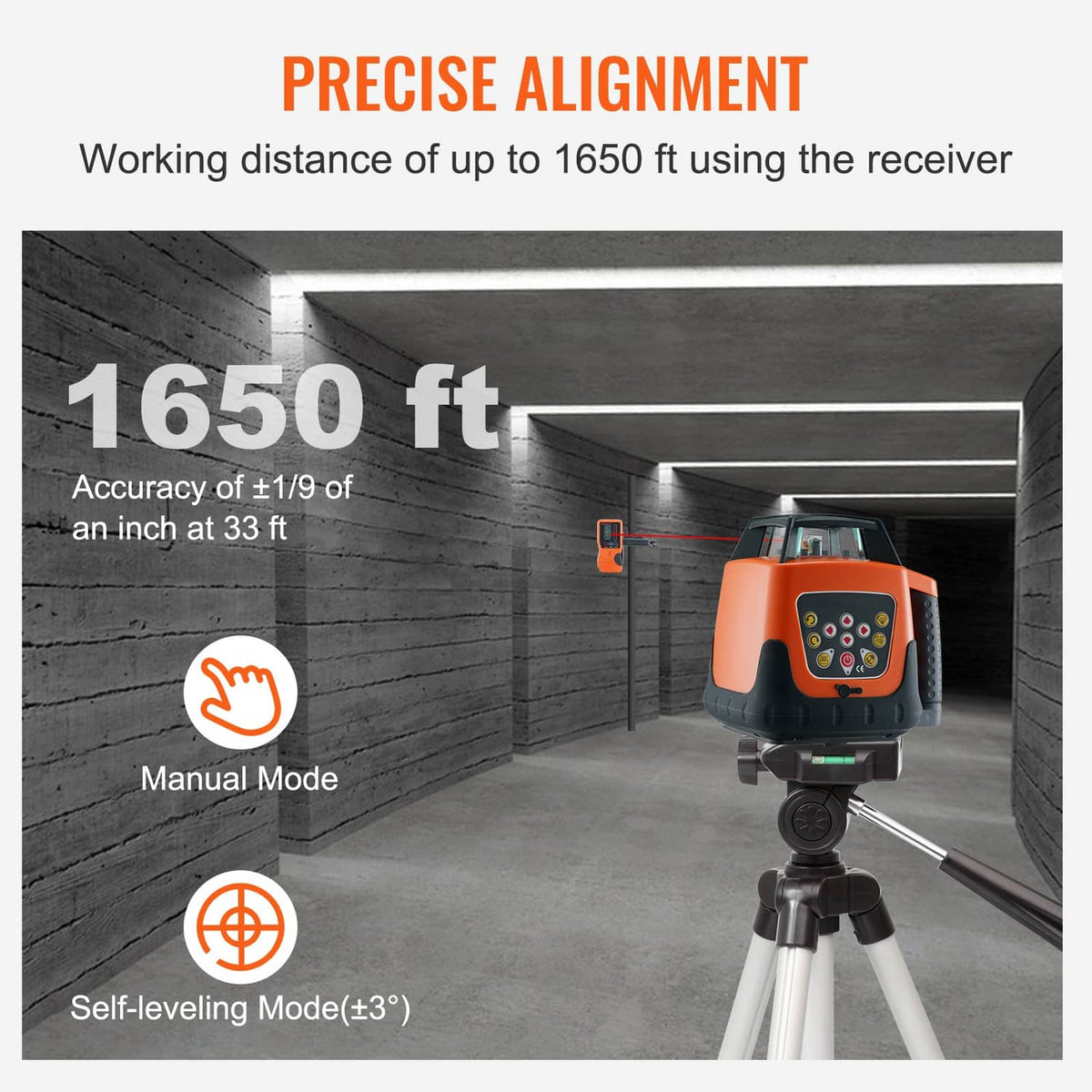 Orange rotary laser level on a tripod, front control panel visible
