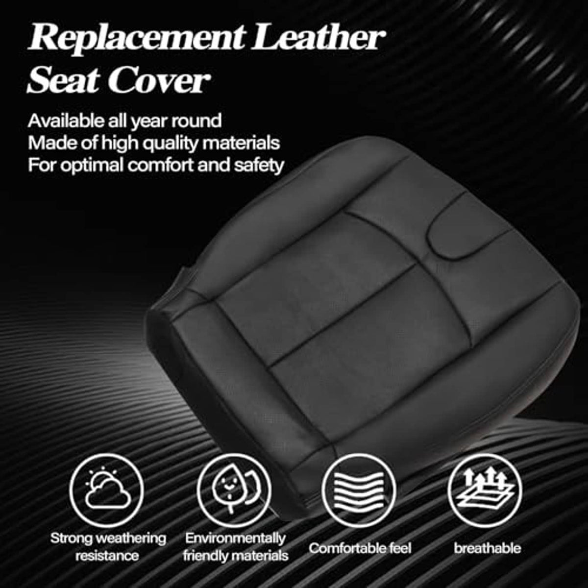 Black leather seat cover with padded contours and curved headrest