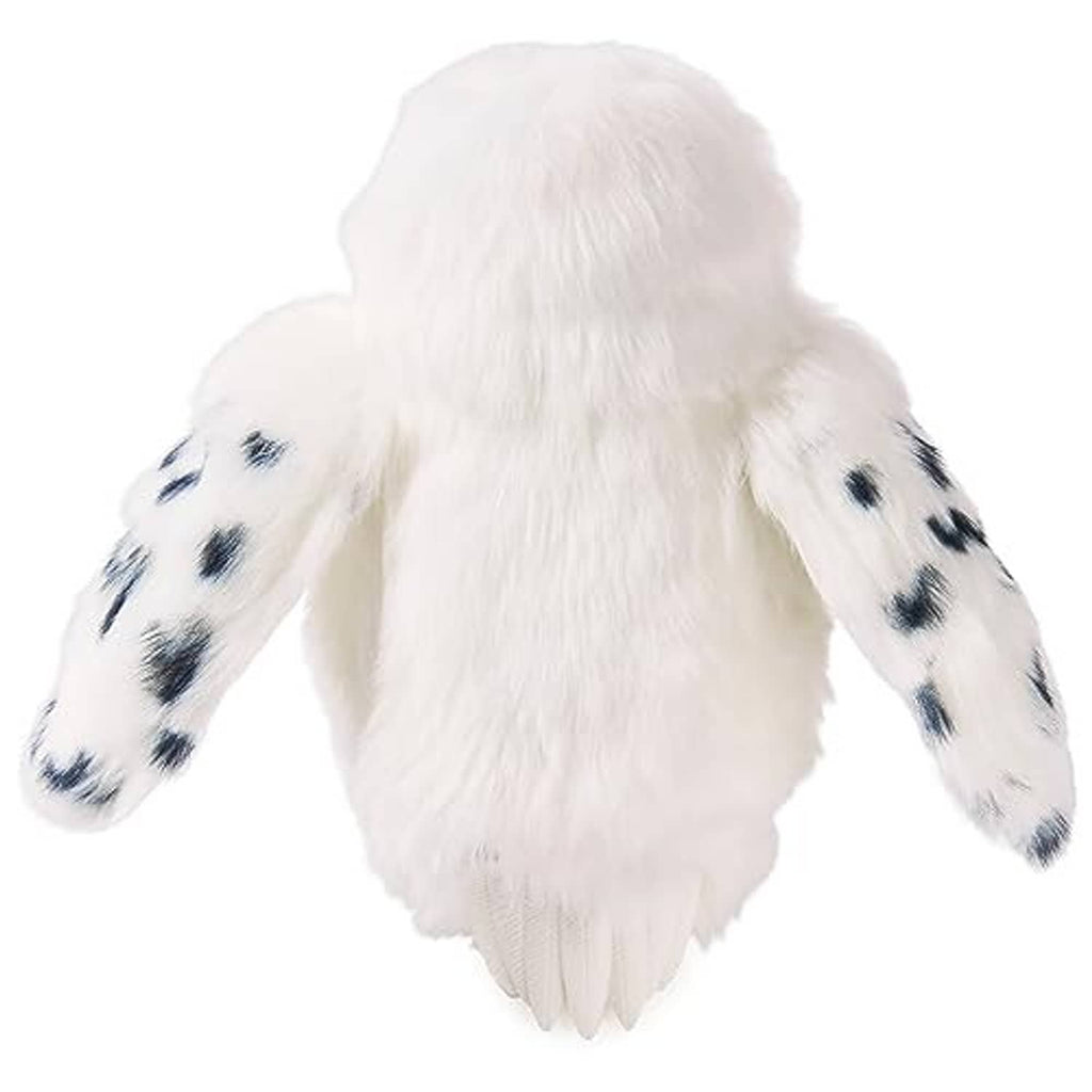 White fluffy owl plush back view with spotted wings and a small tufted tail.