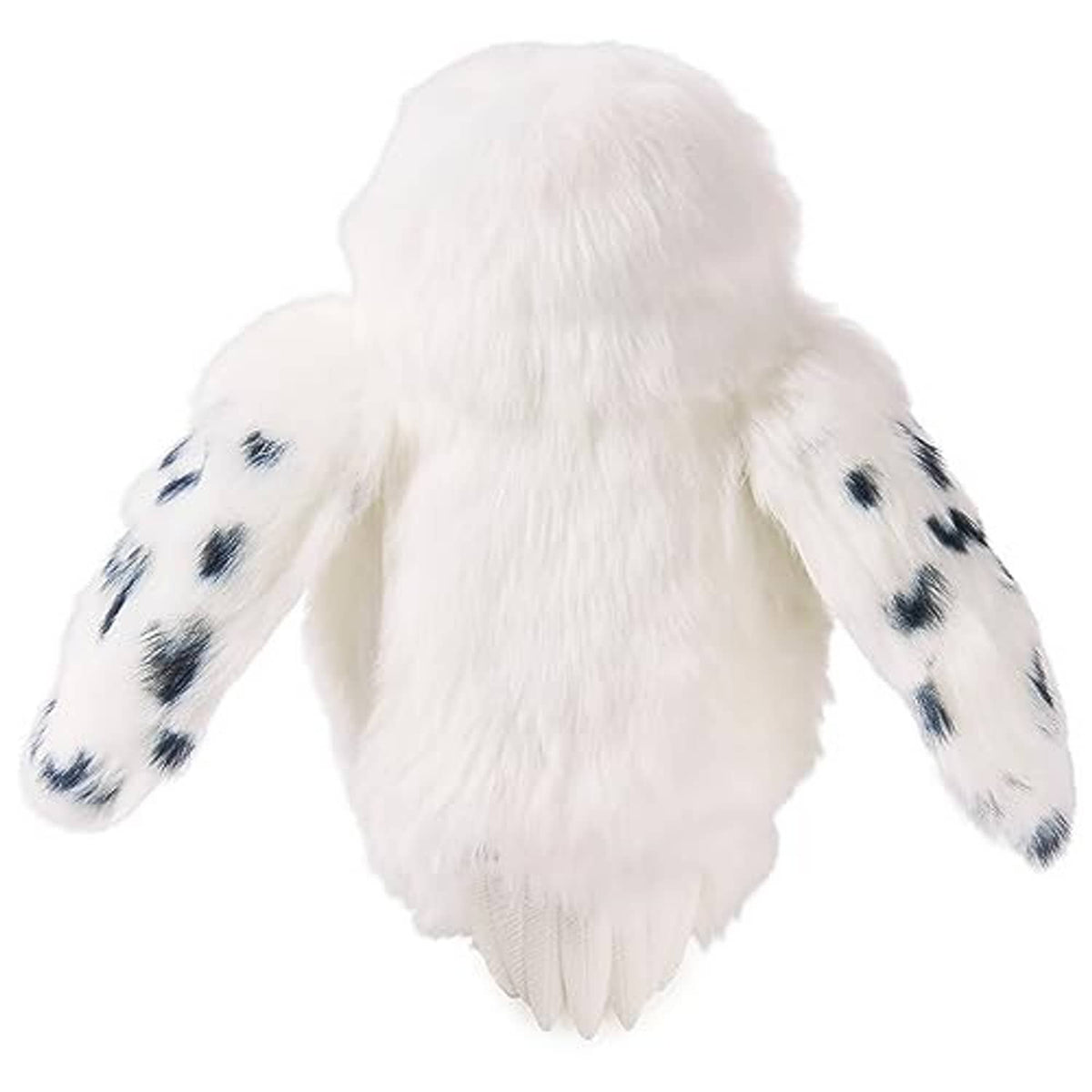 White fluffy owl plush back view with spotted wings and a small tufted tail.