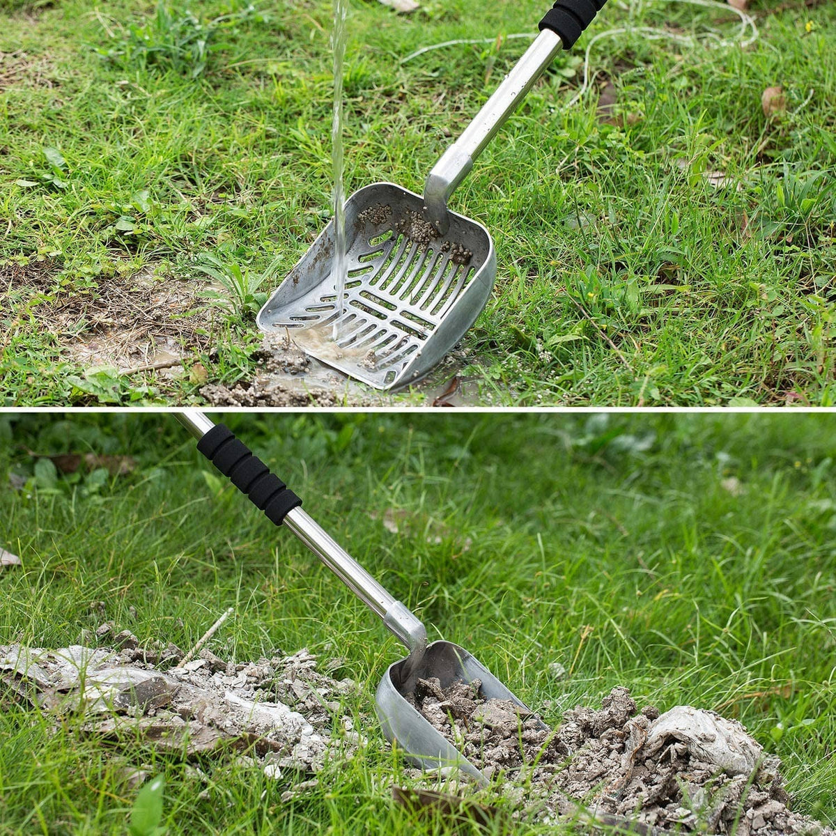 Metal cat litter scoop with black grip digging through outdoor debris in grass