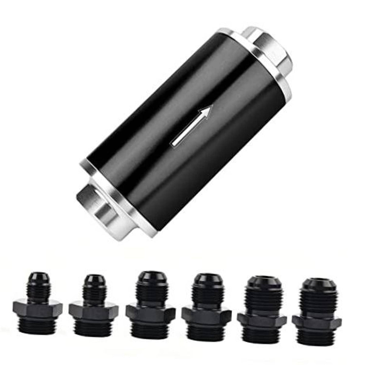 Inline fuel filter, black cylindrical housing with silver AN ports and end caps