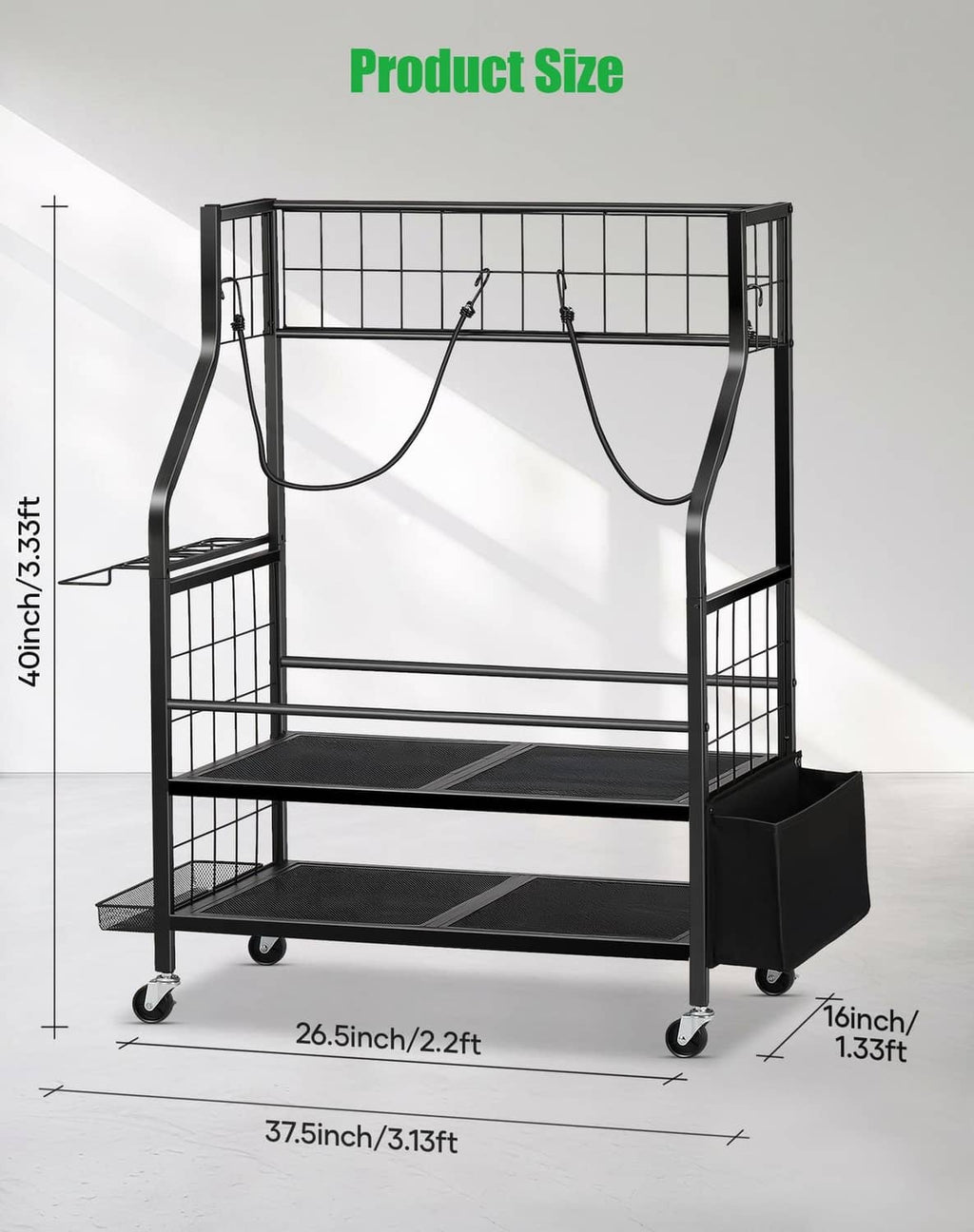 Empty black metal golf bag storage rack frame with side bins and caster wheels