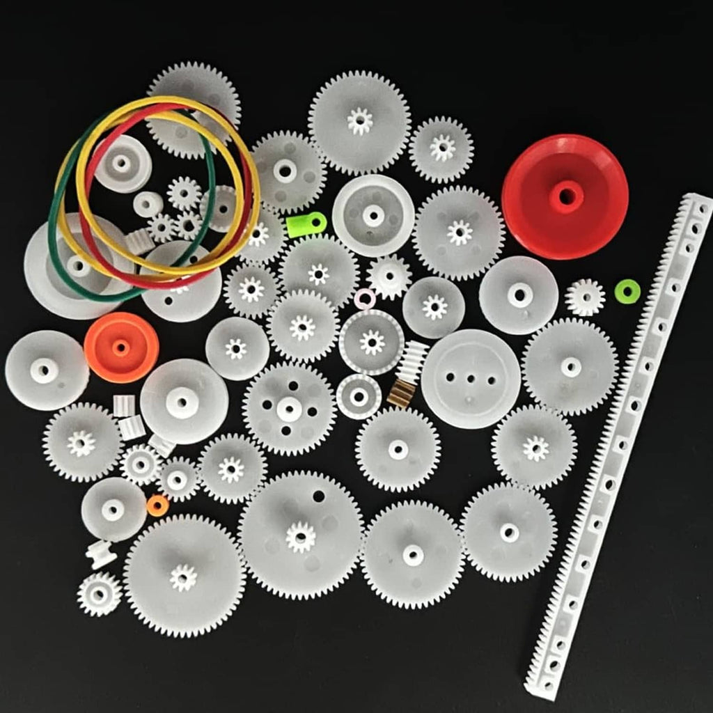 Plastic gear kit with white gears, red pulley, and multicolor belt rings