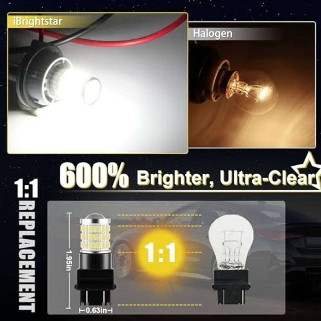 LED reverse light bulb with multiple white LED chips and black plug pins, projector-style lens