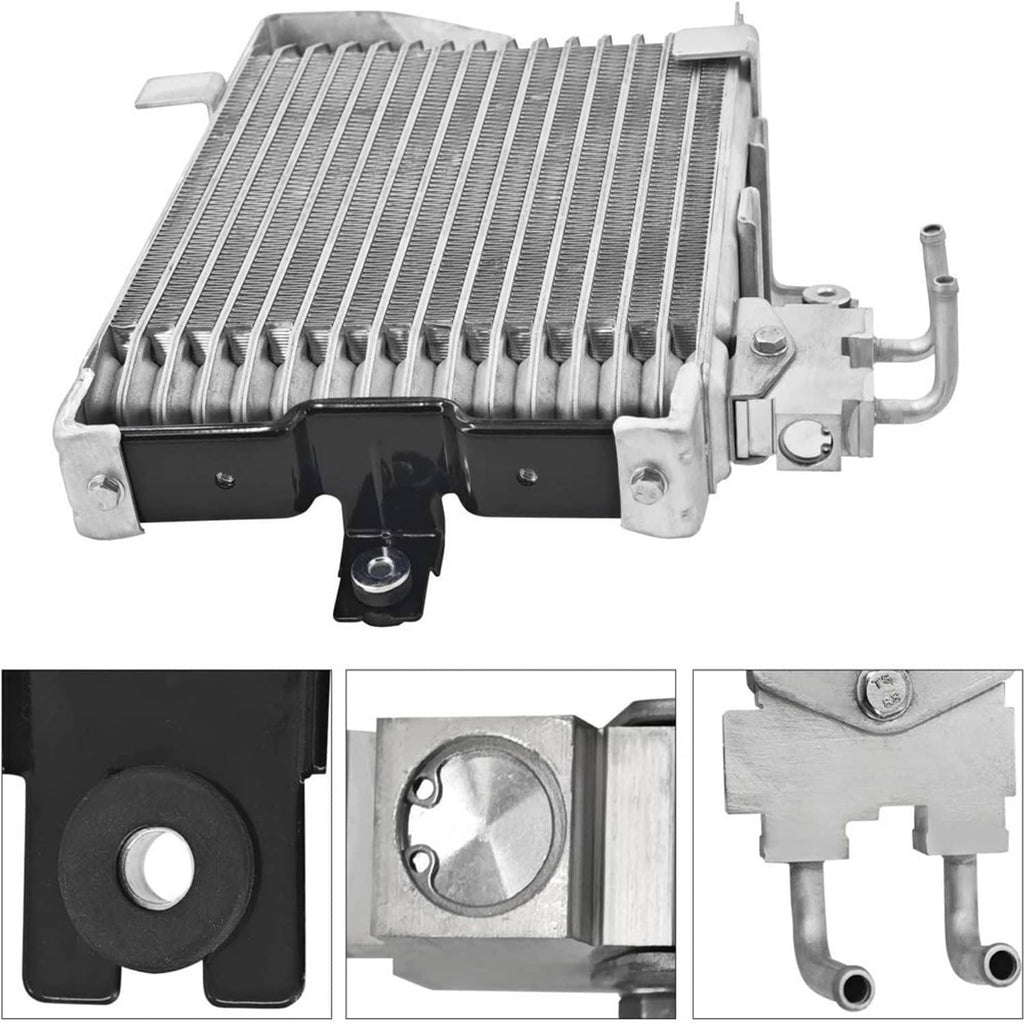 Automatic transmission oil cooler with top fin pack and side mounting hardware