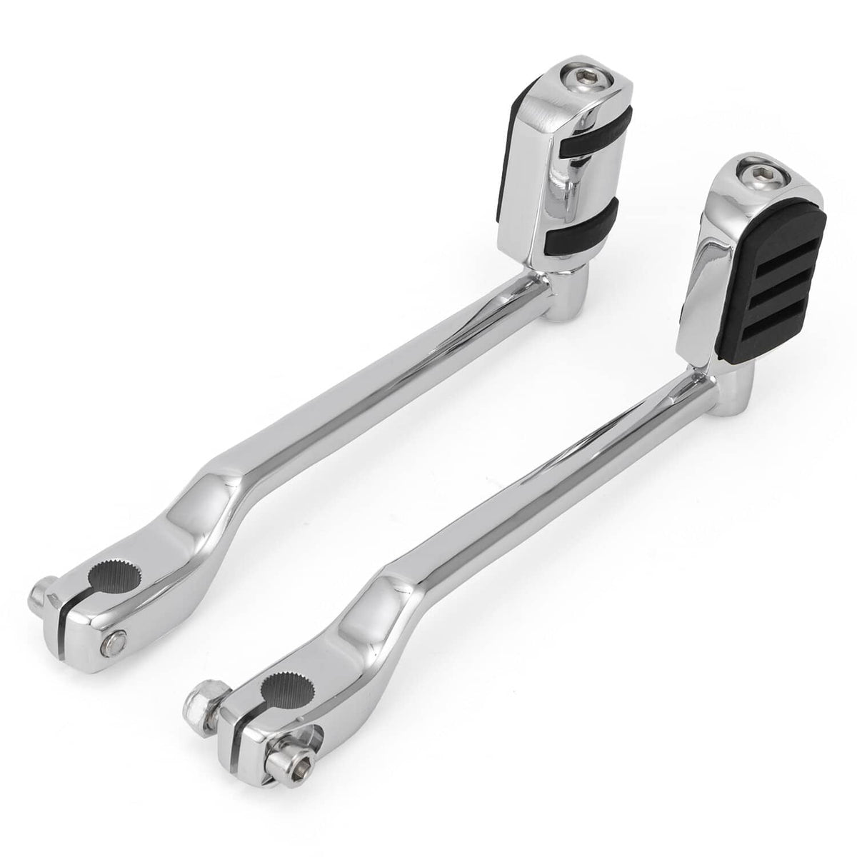 Motorcycle heel-toe shifter levers, chrome with black textured rubber foot pads