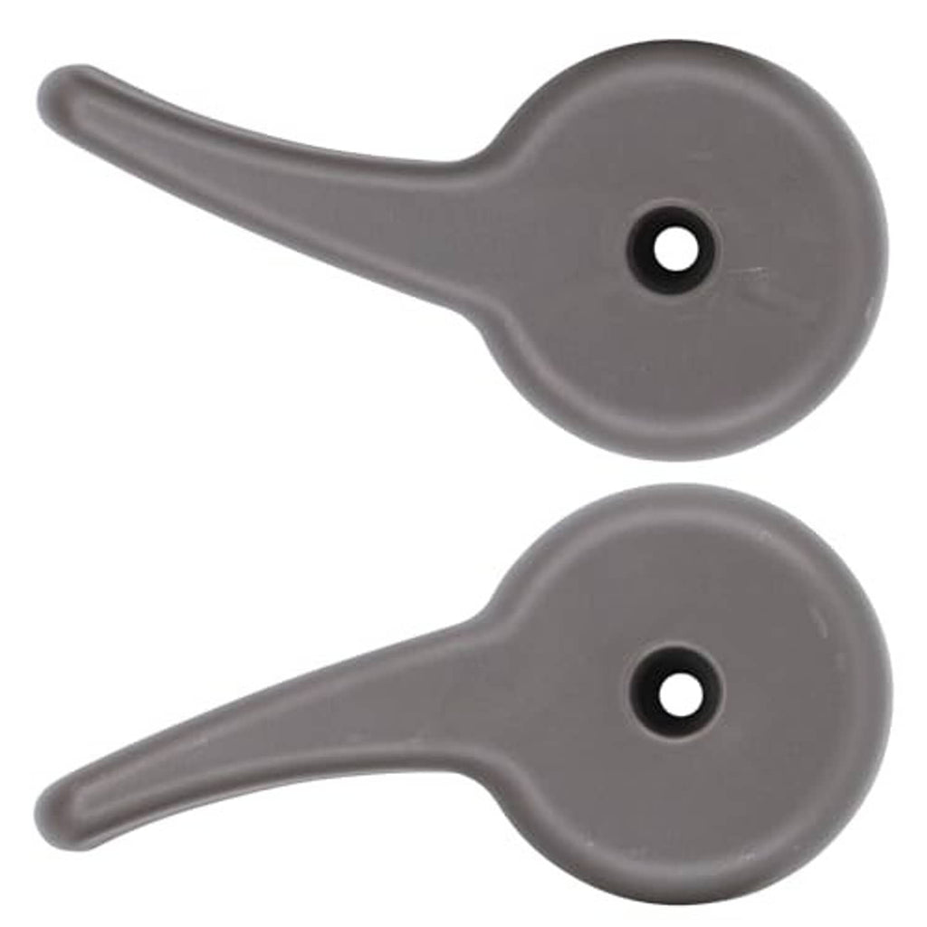 Seat recliner lever handle, dark gray plastic with round hole and curved lever