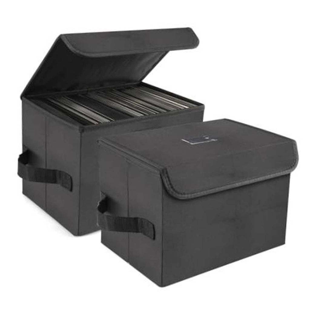 Pair of black vinyl record storage boxes with foldable lids and side handles