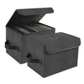 Pair of black vinyl record storage boxes with foldable lids and side handles