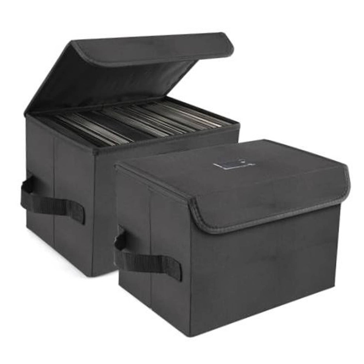Pair of black vinyl record storage boxes with foldable lids and side handles