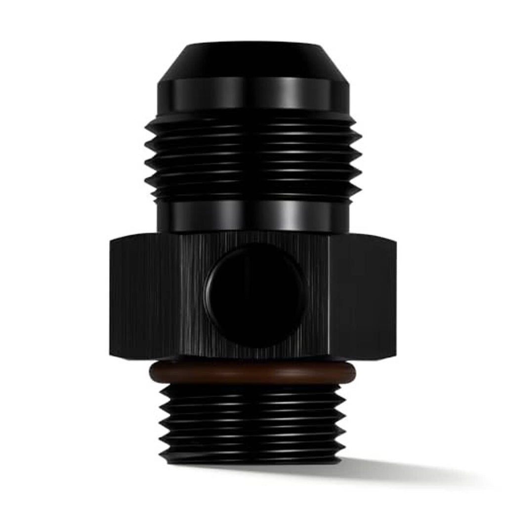 Black AN-ORB male fitting close-up, hex gauge port body and threaded ends