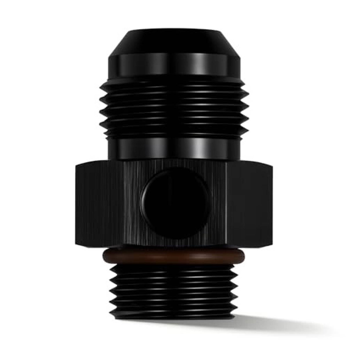 Black AN-ORB male fitting close-up, hex gauge port body and threaded ends