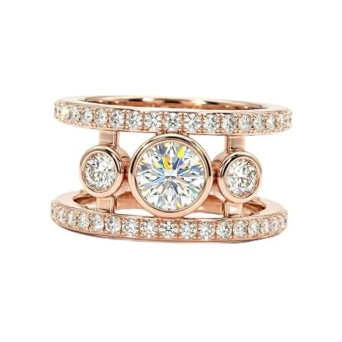 Rose gold-tone jacket ring with round center stone and clear round side stones