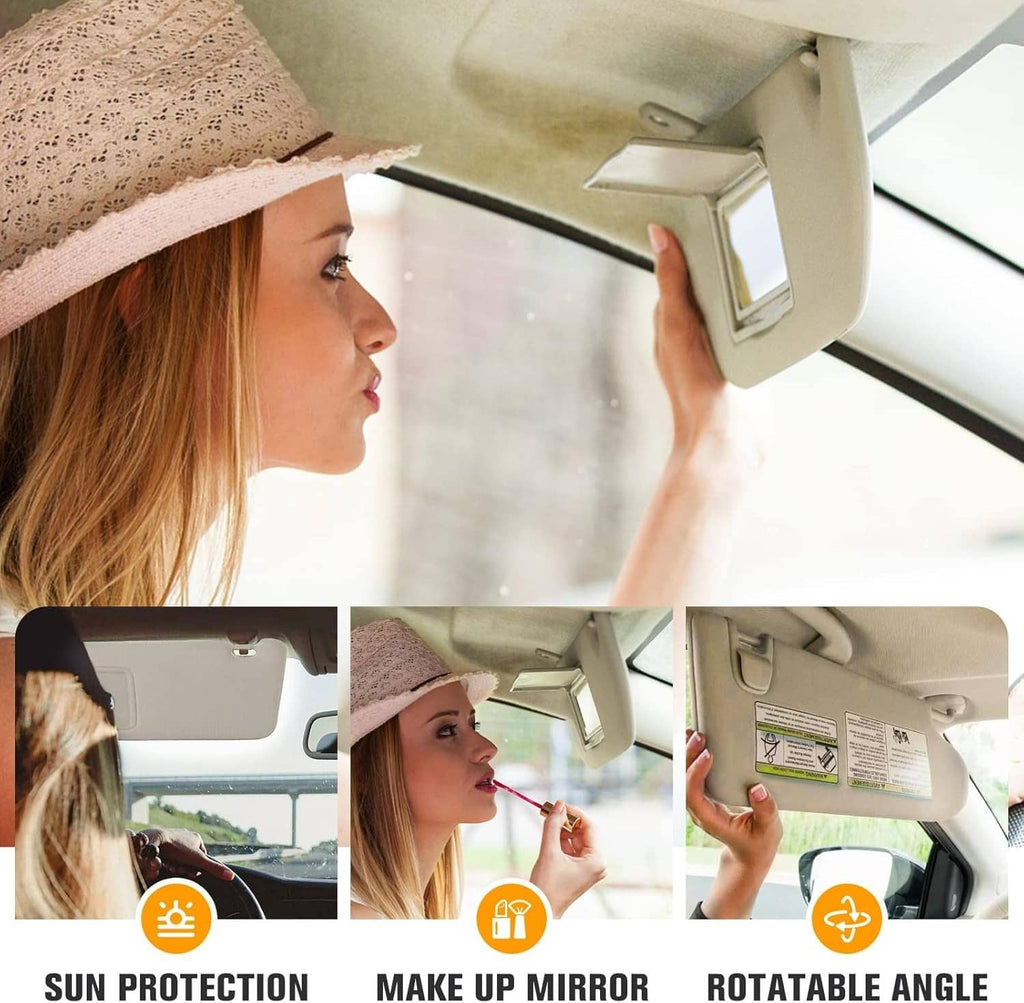 Beige sun visor with vanity mirror positioned for use inside car
