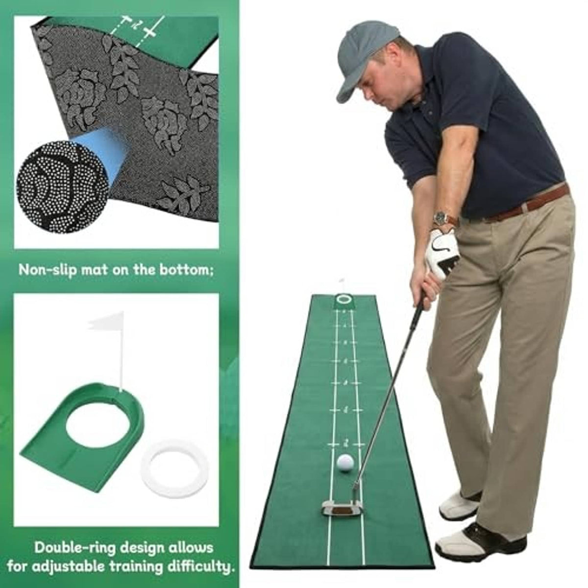 Golf putting mat detail: textured non-slip backing and double-ring training base