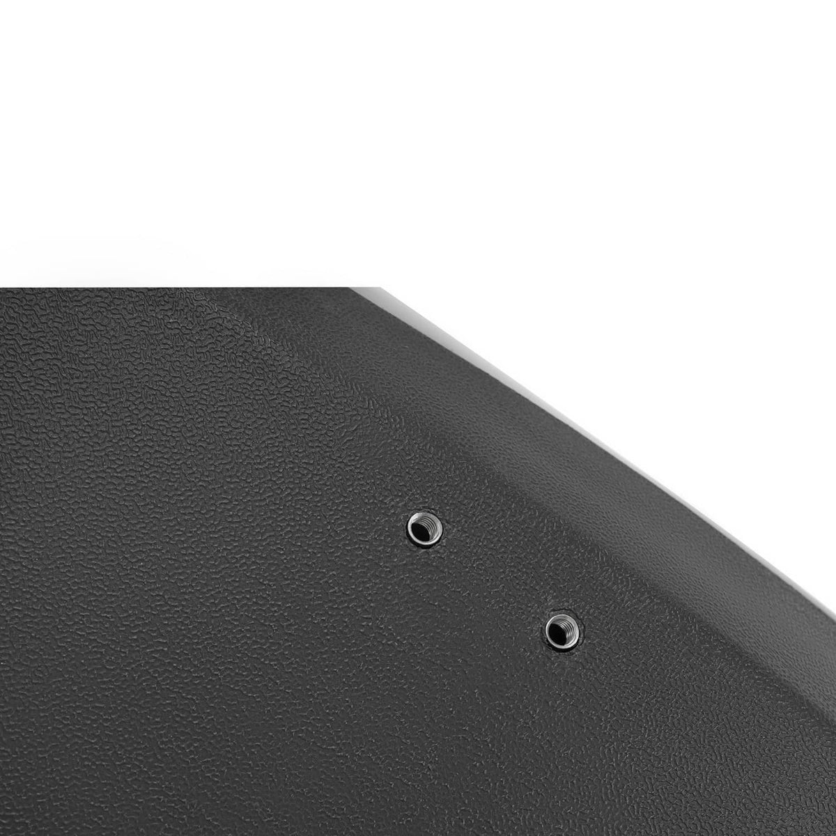 Close-up of black seat base with two visible metal fasteners