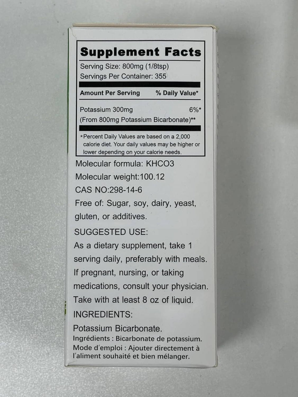 Potassium bicarbonate supplement facts panel with serving size and ingredients