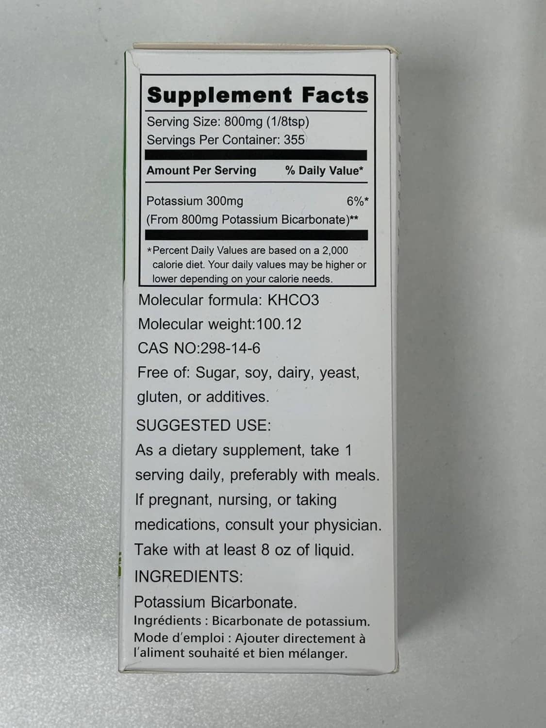 Potassium bicarbonate supplement facts panel with serving size and ingredients