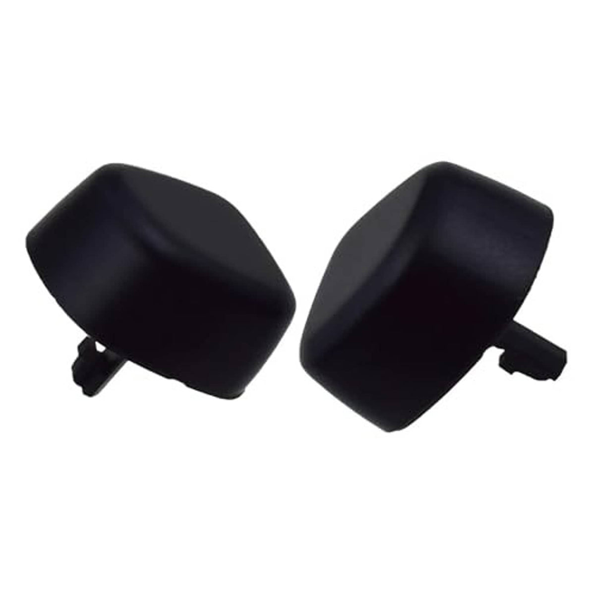 Set of black headrest adjust switch button covers, angled view of both pieces