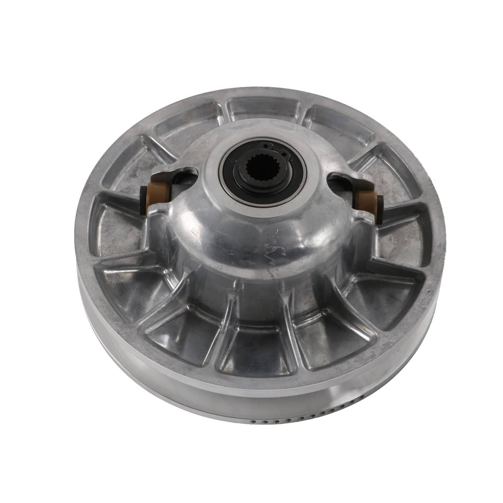Silver clutch backplate with central hub opening and radial spoke design