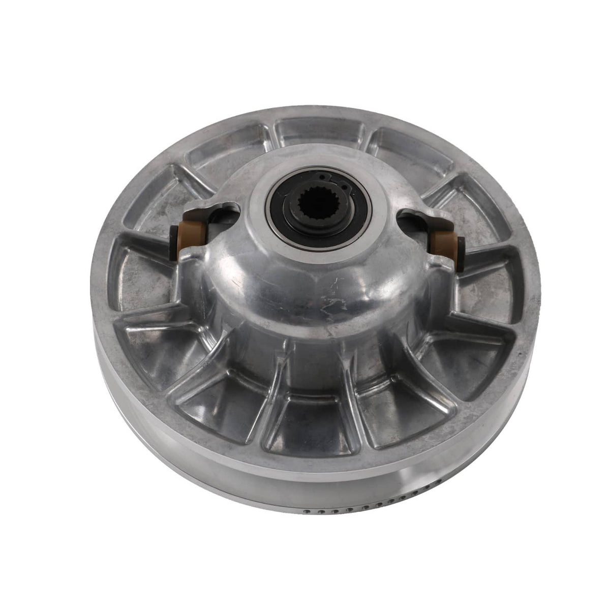 Silver clutch backplate with central hub opening and radial spoke design
