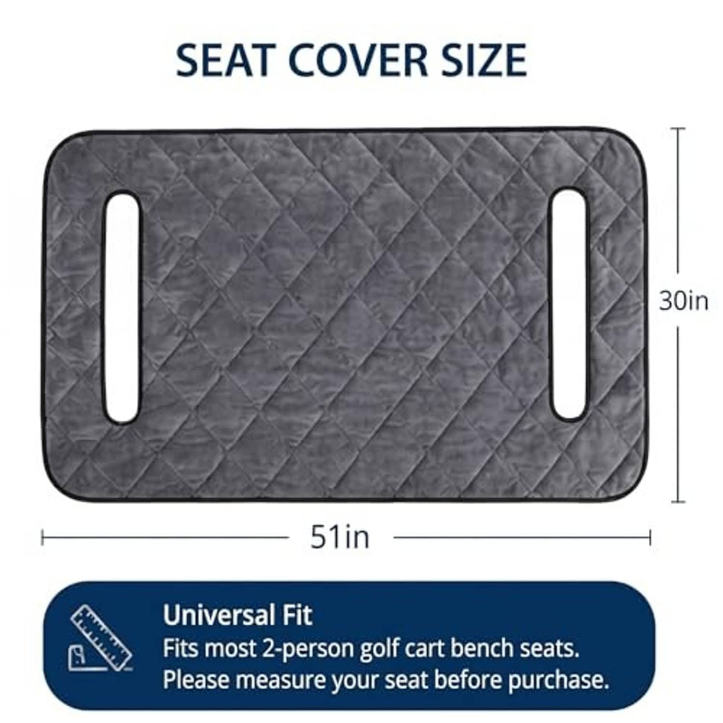 Gray quilted universal seat cover blanket, 51 x 30 in, with two oval carry openings