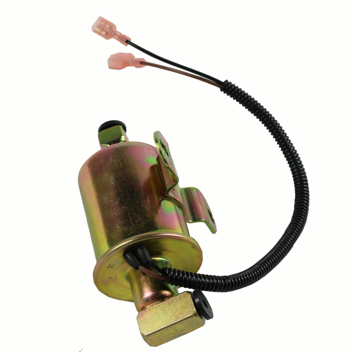 Electric fuel pump cylinder with mounting base and black wire harness with connectors