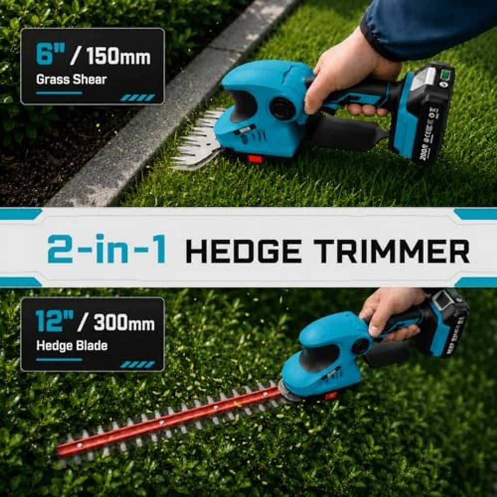 Hand using blue 2-in-1 hedge trimmer with red blade and grass-shear attachment