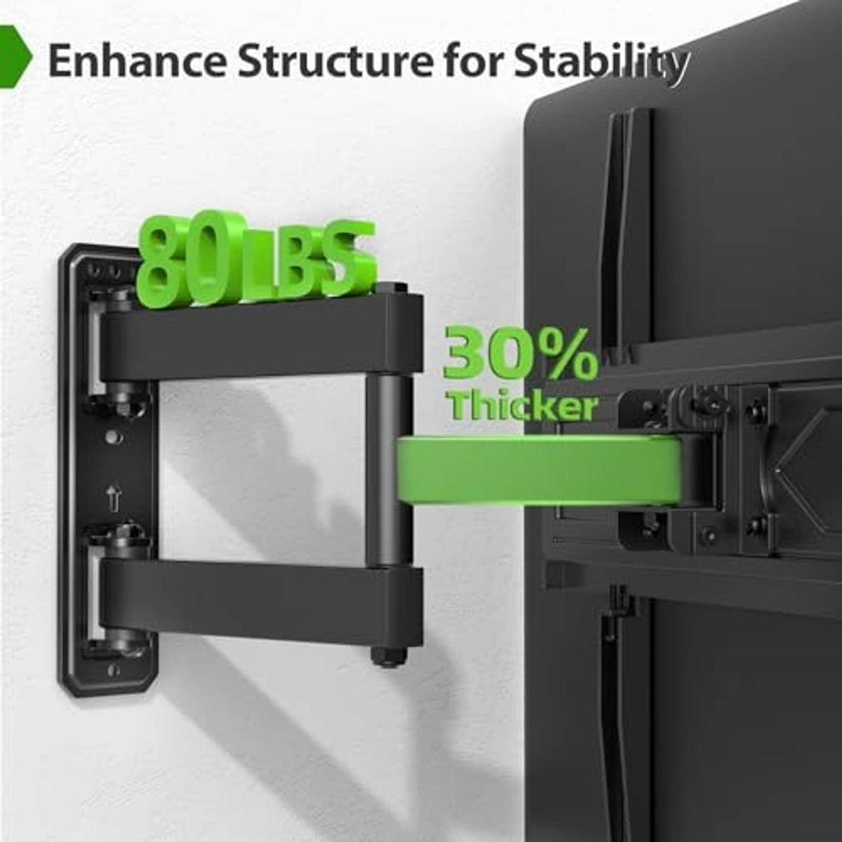 Black heavy-duty swivel TV mount bracket on wall, 80 lbs capacity style graphic