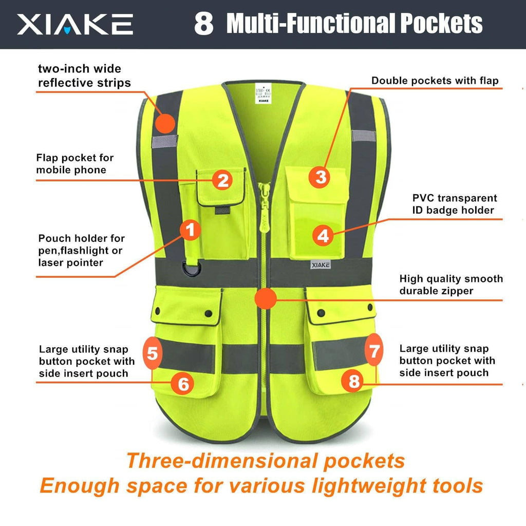 Neon yellow high-visibility safety vest with multiple utility pockets and front zipper
