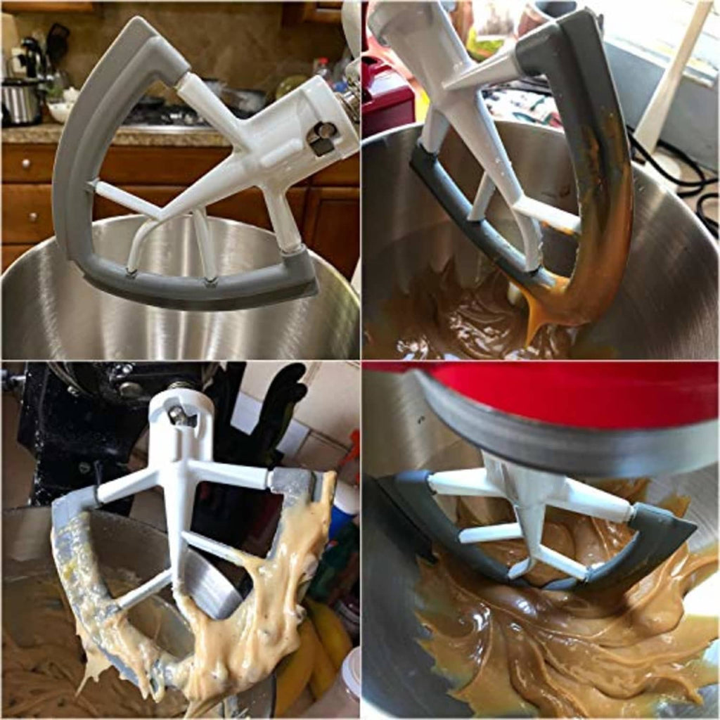 White stand-mixer beater attachment with gray flexible silicone edge for scraping batter